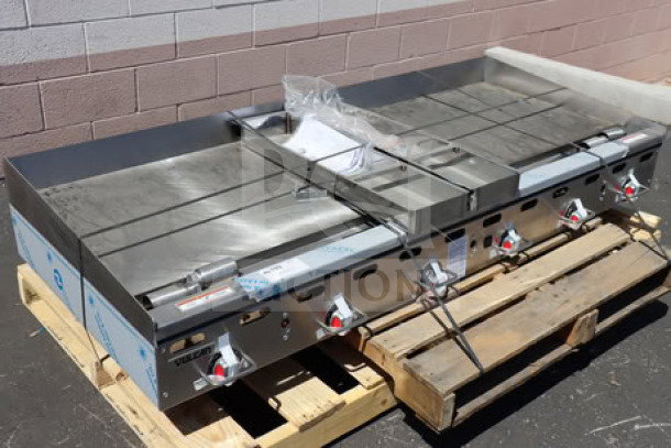 Brand new Vulcan MSA-72-102 72" countertop propane griddle, snap-action controls, 162,000 BTU, on pallets.