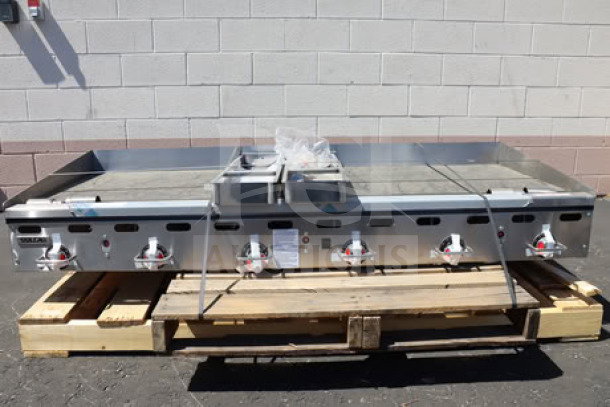 Brand new Vulcan MSA72-102 72" countertop liquid propane griddle, 162,000 BTU, thermostatic controls, on wooden pallet.