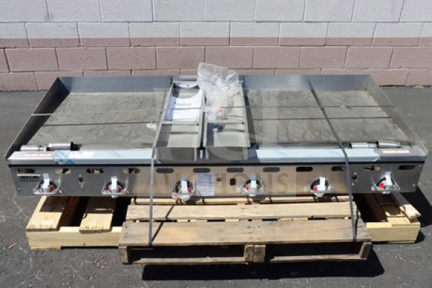 Brand new Vulcan MSA-72-102 griddle, 72", liquid propane, 162,000 BTU, snap-action thermostatic controls, on pallets.