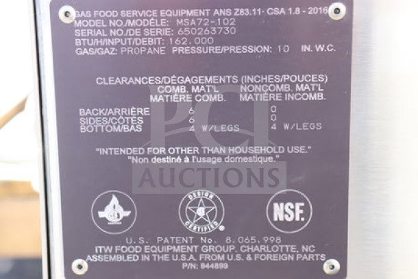 "Vulcan MSA-72-102 griddle label showing model, serial number 650263730, BTU 162,000, propane use, and clearance details."