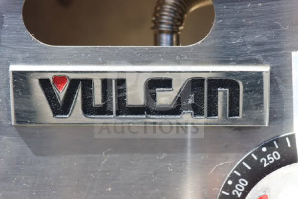BRAND NEW Vulcan 72" Liquid Propane Griddle, Model MSA72-102, showing brand logo and thermostatic control dial detail.