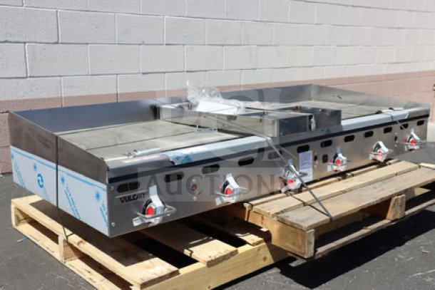 Brand new Vulcan MSA-72-102 72" propane griddle with snap-action thermostatic controls, 162,000 BTU, visible tags, on pallet.