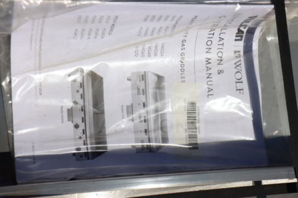 Brand new Vulcan MSA-72-102 72" countertop liquid propane griddle, 162,000 BTU, in packaging with manual visible.