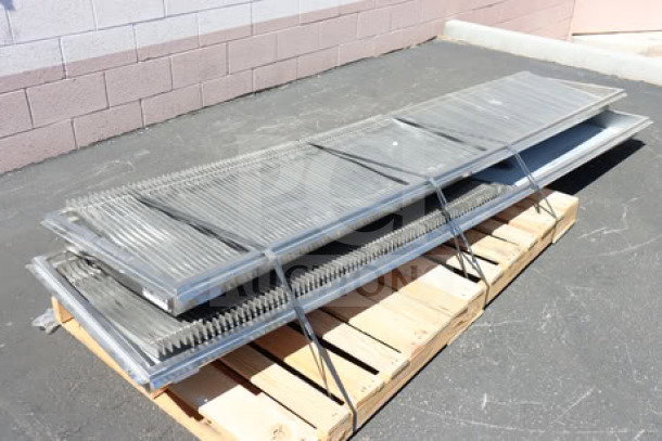 BRAND NEW SCRATCH-N-DENT! 2 Regency 600FT1260SS 12" x 60" stainless steel floor troughs with grates on pallet.