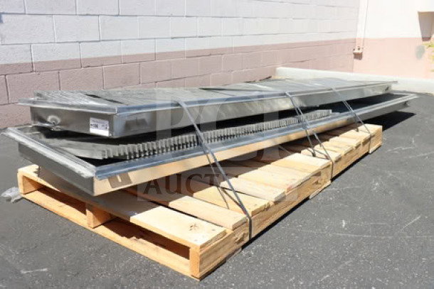 Regency 600FT1260SS stainless steel trough with grate, 12" x 60", brand new, scratch-n-dent, on wooden pallet.