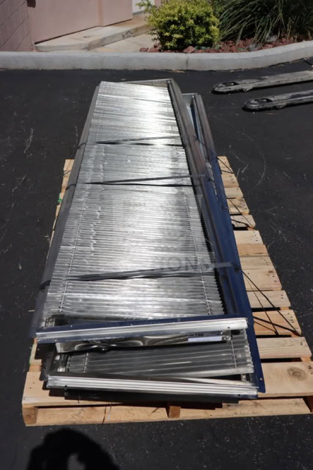 Regency 600FT1260SS stainless steel floor troughs with grates, 12"x60", new, scratch and dent, on wooden pallet.
