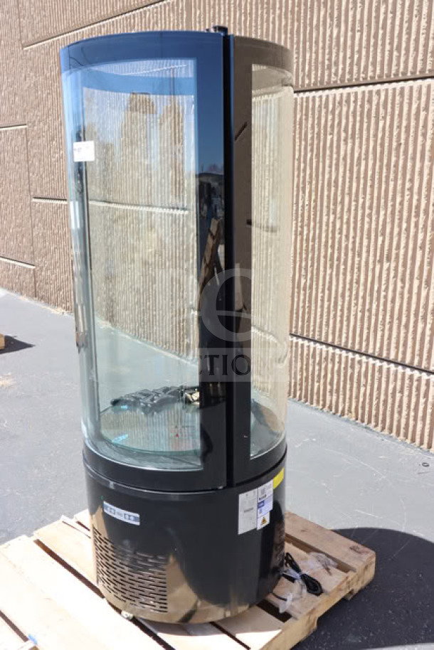 Brand new Avantco BCR-15-HC black circular glass refrigerated display case, 115V, minor cosmetic blemishes visible.