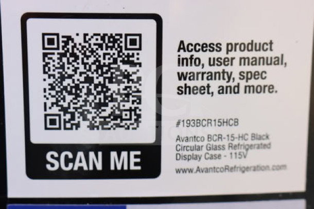 QR code sticker for Avantco BCR-15-HC Black Circular Glass Refrigerated Display Case, 115V, includes access info.