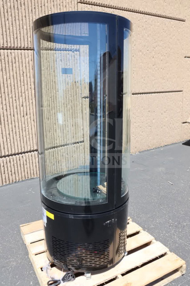 Brand new Avantco BCR-15-HC black circular glass refrigerated display case, 115 volts, serial number 1829701300067, minor scratches.