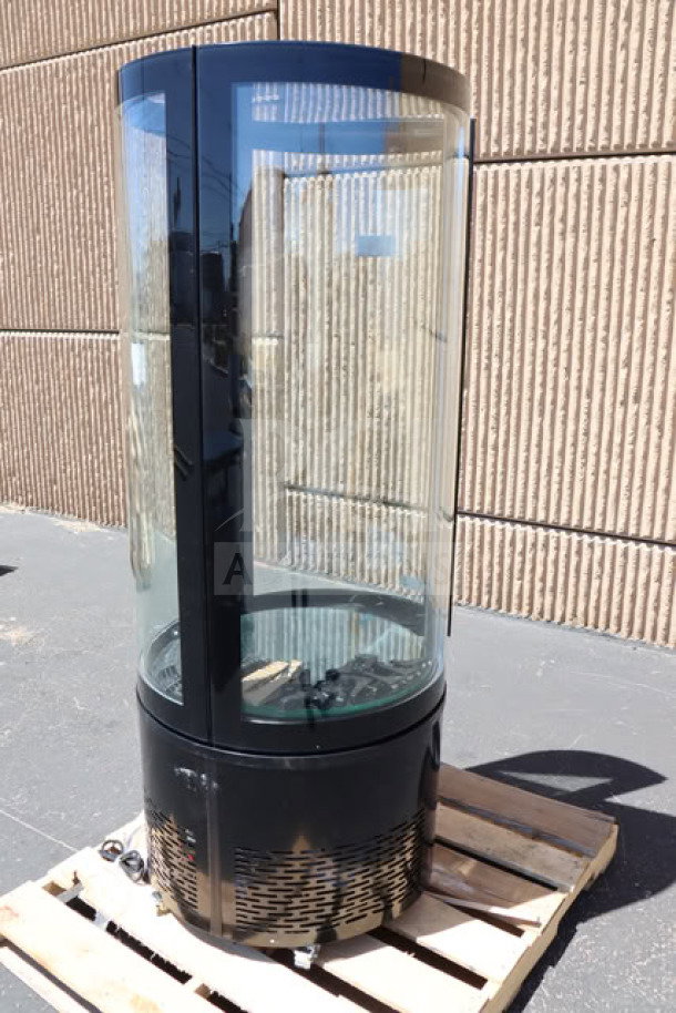 Avantco BCR-15-HC black circular glass refrigerated display case, brand new condition, minor scratches, 115 volts, S/N 1829701300067.