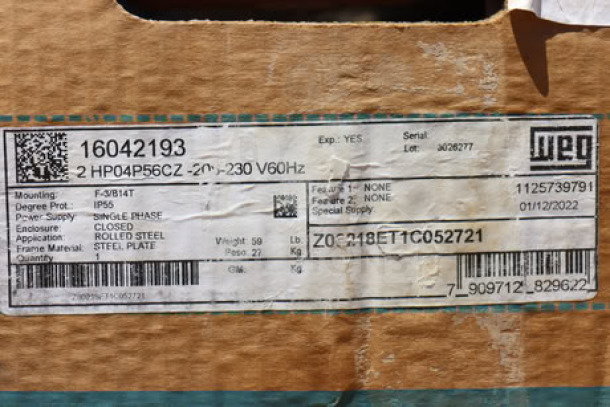 WEG Rolled Steel 2HP Motor, Model Z00218ET1C052721, 1Ph 208-230V, enclosed IP56, serial 1125739791, steel plate label visible.