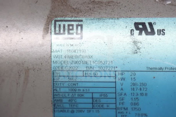 WEG Rolled Steel 2HP Motor, Model Z00218ET1C052721, single-phase, 208-230V, blue label with specifications.