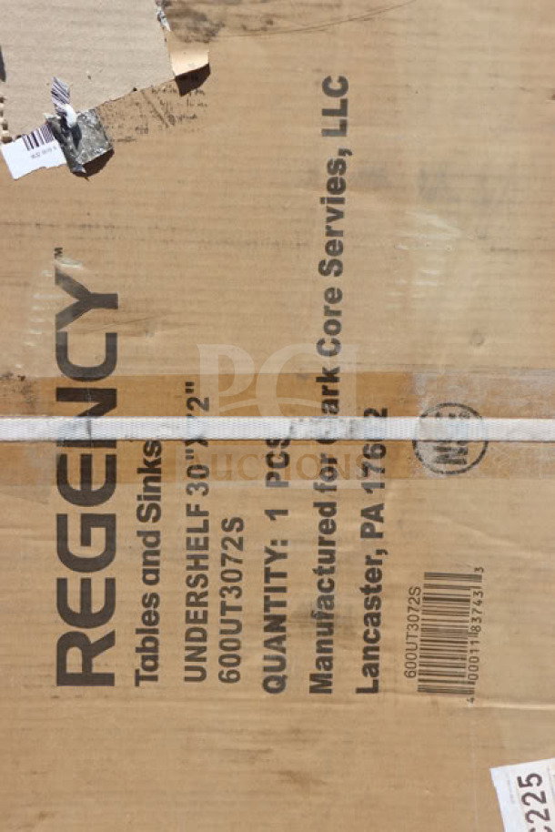 Regency 600UT3072S adjustable stainless steel undershelf for 30" x 72" tables, 18-gauge. Original packaging is damaged.