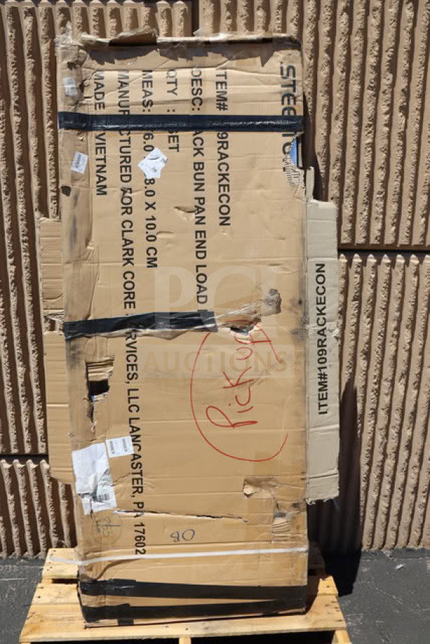 Brand new Steelton 109RACKECON 20 Pan End Load Bun/Sheet Pan Rack, unassembled. Damaged box.