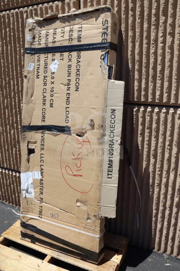 Brand new Steelton 109RACKECON 20 Pan End Load Bun / Sheet Pan Rack, unassembled. Box is damaged, visible label details.