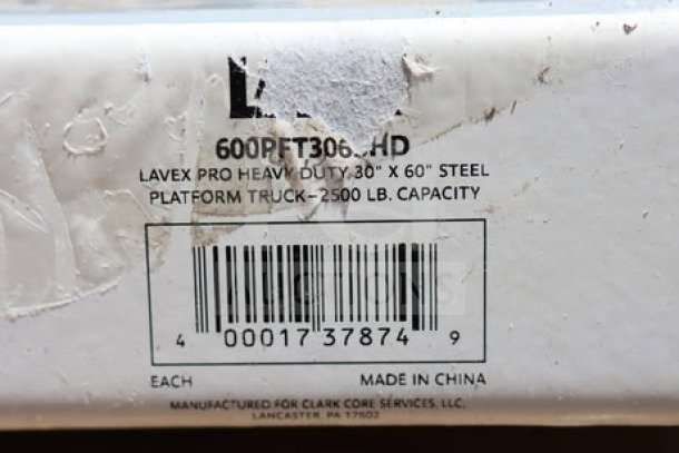 Lavex Pro 600PFT3060HD steel platform truck label, 30" x 60", 2,500 lb capacity, scratch-n-dent condition, made in China.