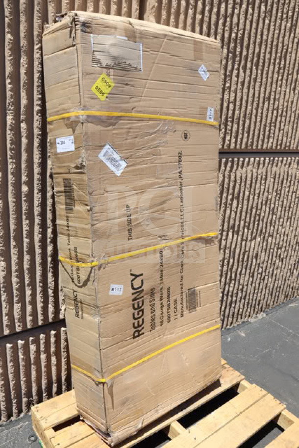 Regency 600TSB2460S 24"x60" stainless steel work table in damaged box. Includes 4" backsplash and undershelf.