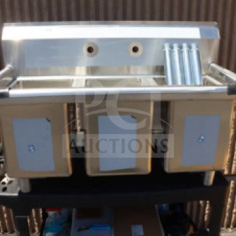 Brand new Regency 39" three-compartment commercial sink, model 600S31014, with galvanized steel legs; top right corner bent.