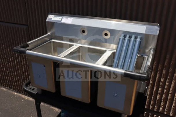 Regency 39" three-compartment commercial sink, model 600S31014. Features galvanized steel legs; top right corner bent; no packaging.