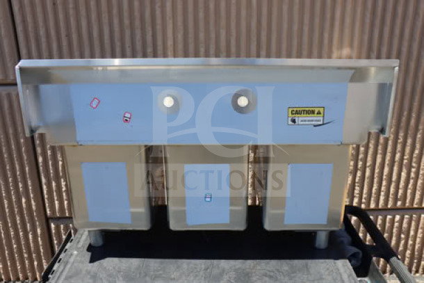 Regency 39" three-compartment commercial sink, model 600S31014, galvanized legs, new, top right corner bent, out of packaging.
