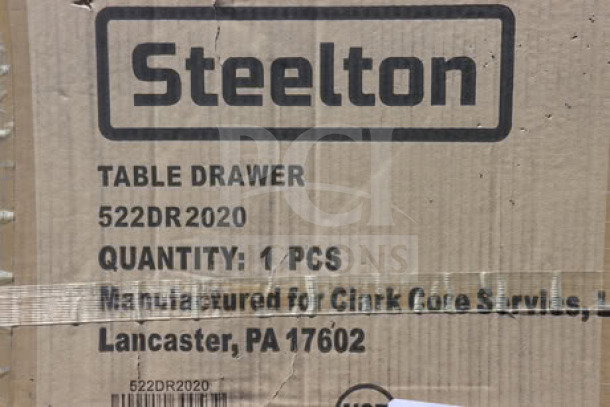 Steelton 522DR2020 drawer, brand new in box, 22"x20"x5 5/8", stainless steel front, model number visible on packaging.