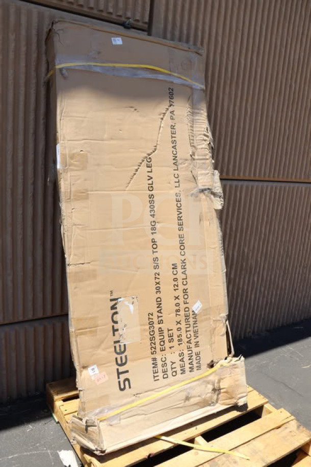 Brand new Steelton 522SG3072 stainless steel equipment stand, 30" x 72", damaged packaging, on pallet.