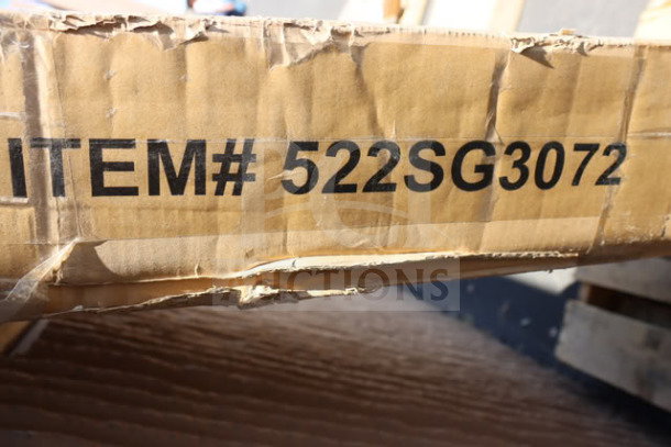 Damaged packaging for Steelton 522SG3072 equipment stand, 30"x72", 18-gauge stainless steel with undershelf and galvanized legs.
