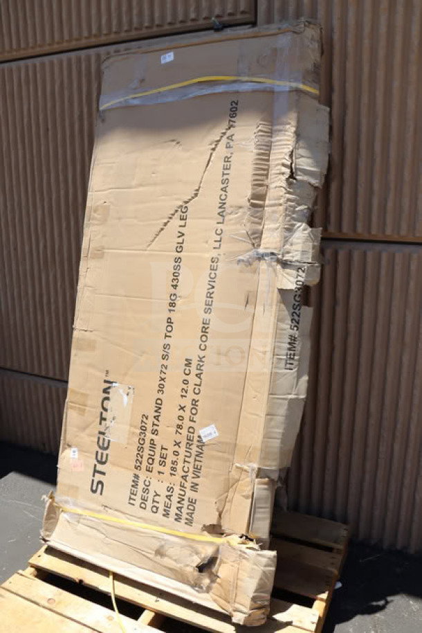 Steelton 522SG3072 stainless steel equipment stand, brand new, damaged packaging, includes undershelf and galvanized legs.
