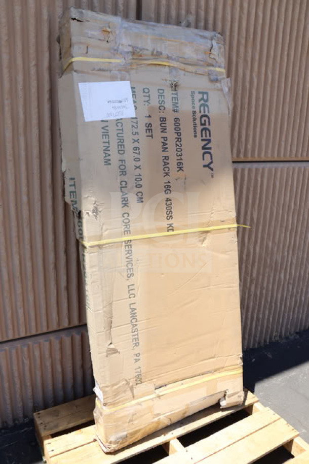 BRAND NEW Regency 600PR20316K stainless steel bun pan rack, unassembled. Packaging damaged, possible missing parts.