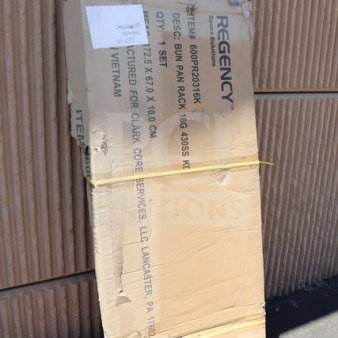 BRAND NEW Regency 600PR20316K stainless steel bun pan rack, unassembled. Packaging damaged, possible missing parts.