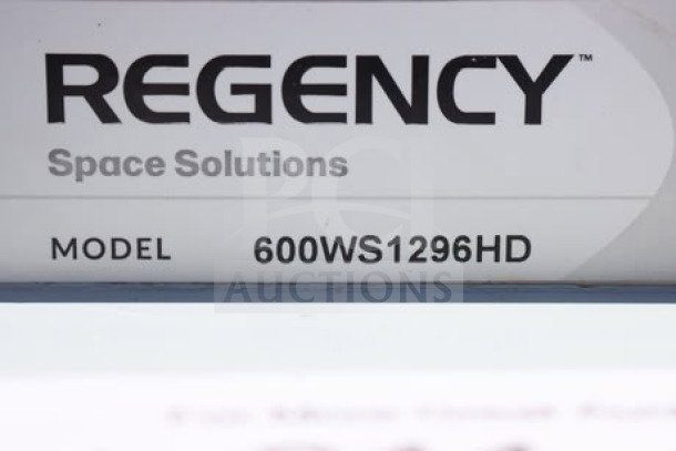 BRAND NEW Regency Space Solutions Model 600WS1296HD gray 12"x12"x78" 6-tier locker label showing brand and model details.