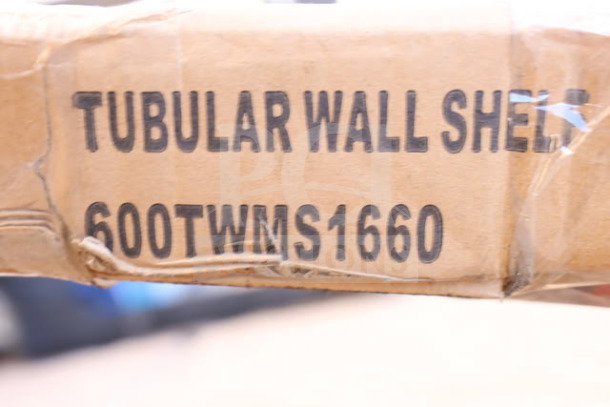 Regency 600TWMS1660 stainless steel tubular wall shelf, 16x60 inches, new scratch-n-dent, packaging shows model number.