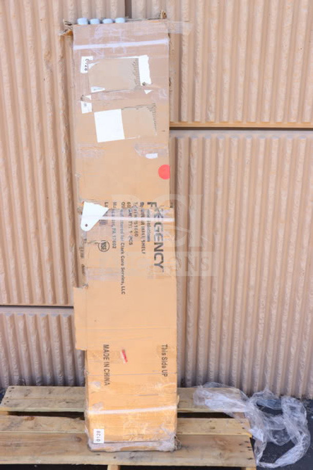 Brand new scratch-n-dent Regency 600TWMS1660 shelf in original packaging; cardboard box marked with product details.