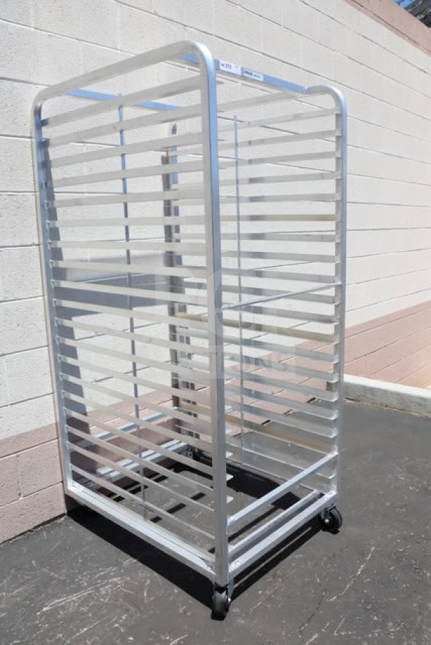 Brand new Channel 411A-DOR aluminum bun pan oven rack, 40-pan capacity, double section side load, may have minor scratches.