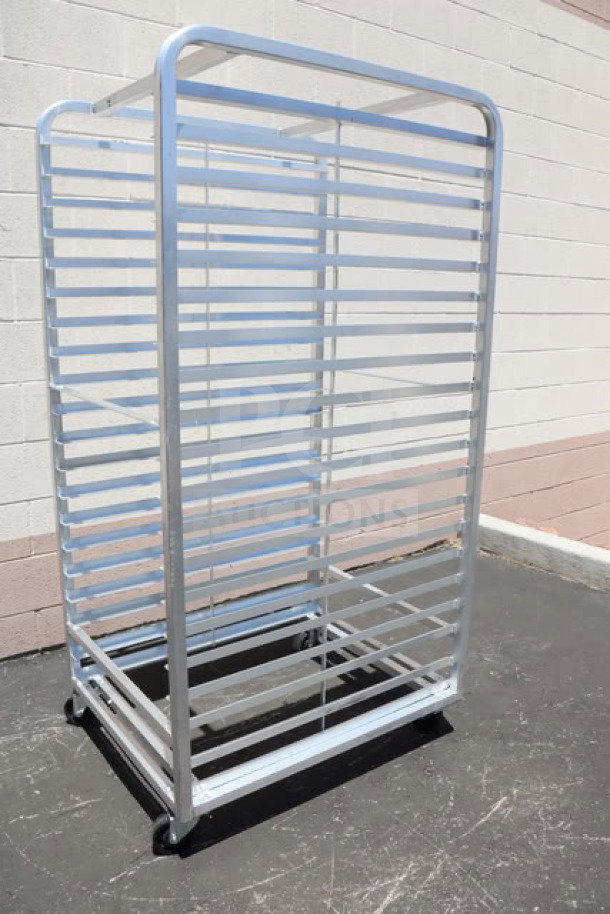 Channel 411A-DOR aluminum bun pan oven rack, double section, 40-pan capacity, unused, minor scratches and dings.