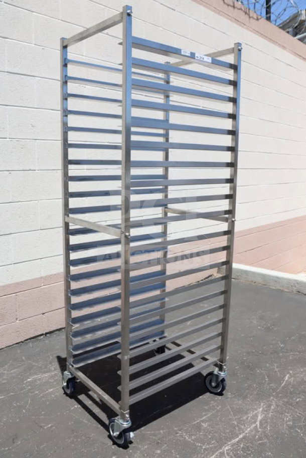 Brand new Regency 600PR20316KS stainless steel sheet pan rack, 20 pan capacity, unassembled, minor superficial scratches.