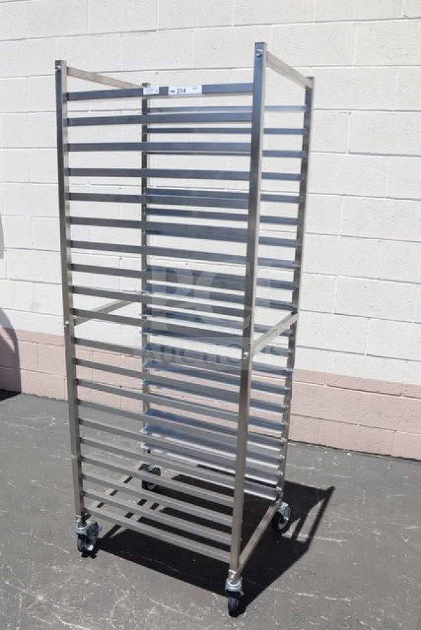 Regency 600PR20316KS stainless steel bun sheet pan rack, 20-pan capacity, unassembled, possible minor scratches, on casters.