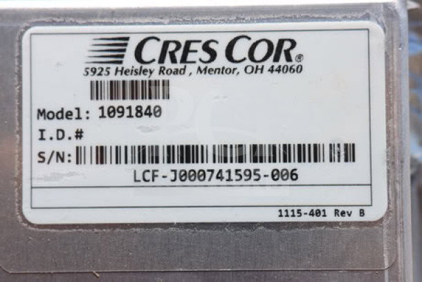 Alt text: Cres Cor label on aluminum pan rack, model 109-1840, with serial number and manufacturing details.