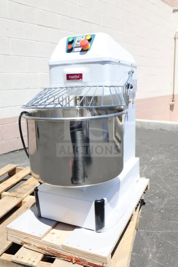 Brand new Estella SM40 spiral dough mixer, 40 Qt, 56 lb capacity, two-speed, 220V, 4 HP, slight cosmetic imperfections.