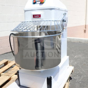 Brand new Estella SM40 spiral dough mixer, 40 Qt, 56 lb capacity, two-speed, 220V, 4 HP, slight cosmetic imperfections.