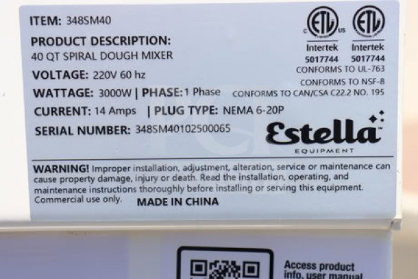 BRAND NEW Estella SM40 Spiral Dough Mixer, 40 Qt., 220V, 4 HP, Serial: 348SM40102500065. Two-speed, scratch-n-dent.