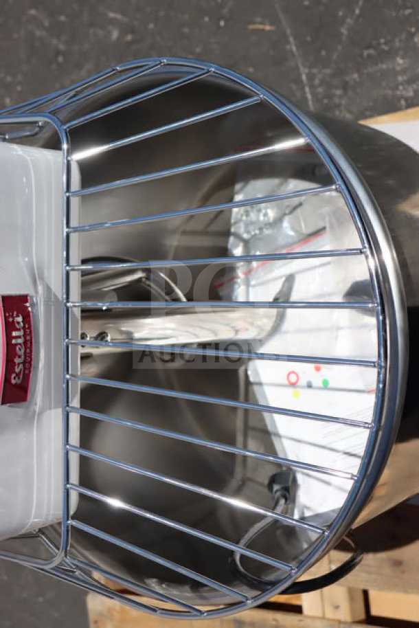 BRAND NEW Estella SM40 spiral dough mixer, 40 Qt., 220V, 4 HP, visible scratch-n-dent, Estella branding on mixer.