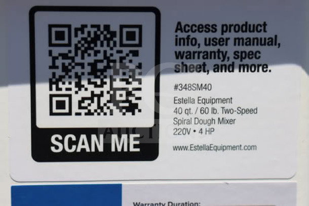 QR code label for Estella SM40 Two-Speed Spiral Dough Mixer, 220V, 4 HP. Includes serial number and online access instructions.