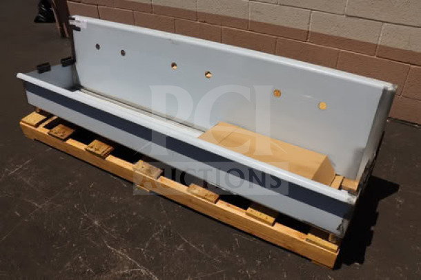 Regency 600HSMS1872 wall-mounted 72" x 17.5" hand sink, new, out of box, holes for three 8" center faucets, on pallet.