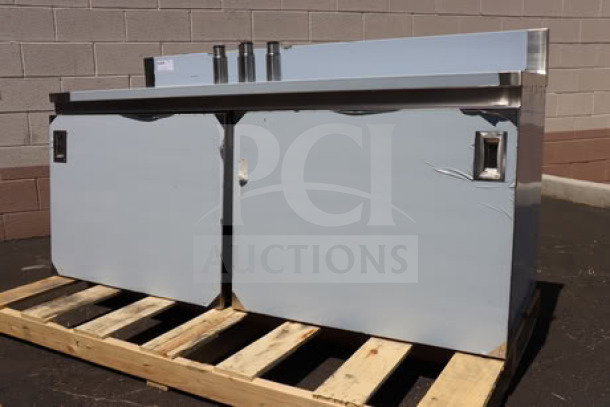 Advance Tabco 30" x 72" work table with cabinet base, mid shelf, 5" backsplash, and minor scratches. Model CF-SS366M.