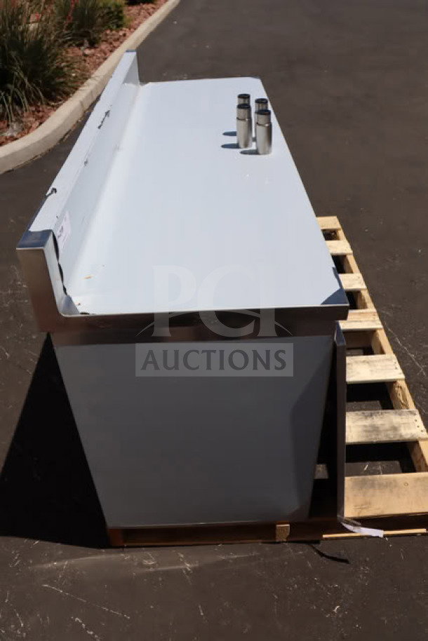 Advance Tabco CF-SS366M work table, 30"x72", 14 gauge, with cabinet base, mid shelf, 5" backsplash. New condition, scratches visible.