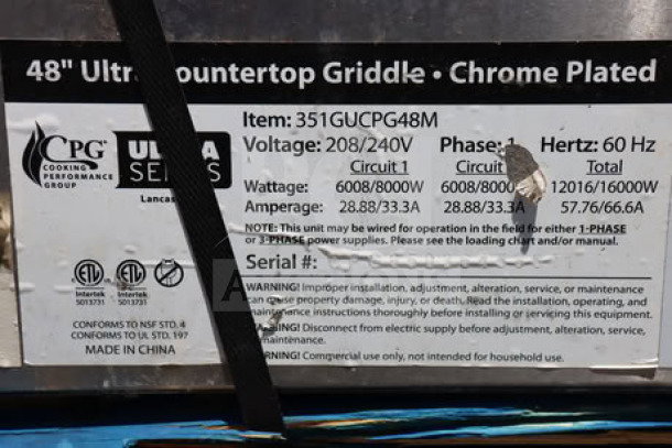 Cooking Performance Group GU-CPG-48-M Ultra Series 48" chrome plated electric griddle, 12,000W/16,000W, 208/240V, scratched and dented. Serial #CPG65036458611 visible.