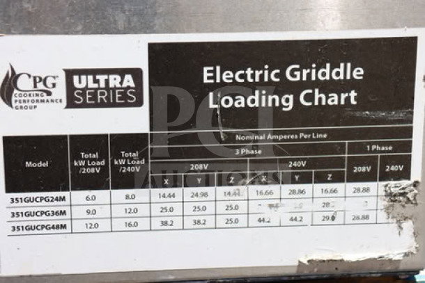 Cooking Performance Group GU-CPG-48-M Ultra Series 48" electric griddle, chrome plated, scratched & dented, serial #CPG65036458611.