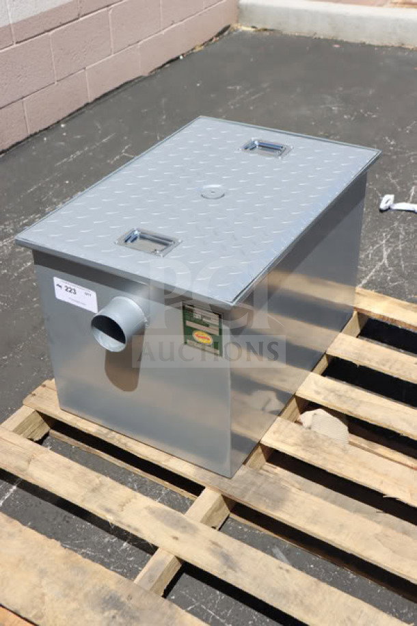 Regency 600GT25 50 lb. 25 GPM grease trap, non-threaded connections, PDI certified, new with possible scratches and dents.
