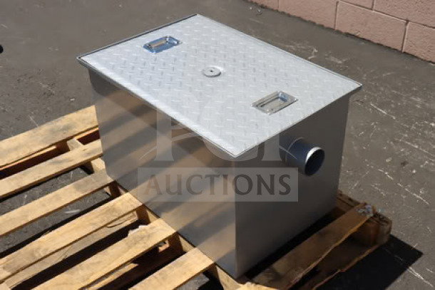 Regency 600GT25 50 lb. grease trap, 25 GPM, non-threaded 3" connections, PDI certified, new with minor scratches and dents.
